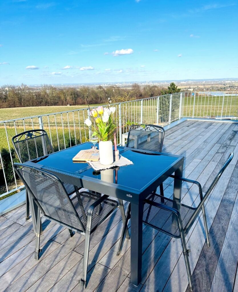 Dachterrasse des Appartements L mit Esstisch und Blick über die Felder