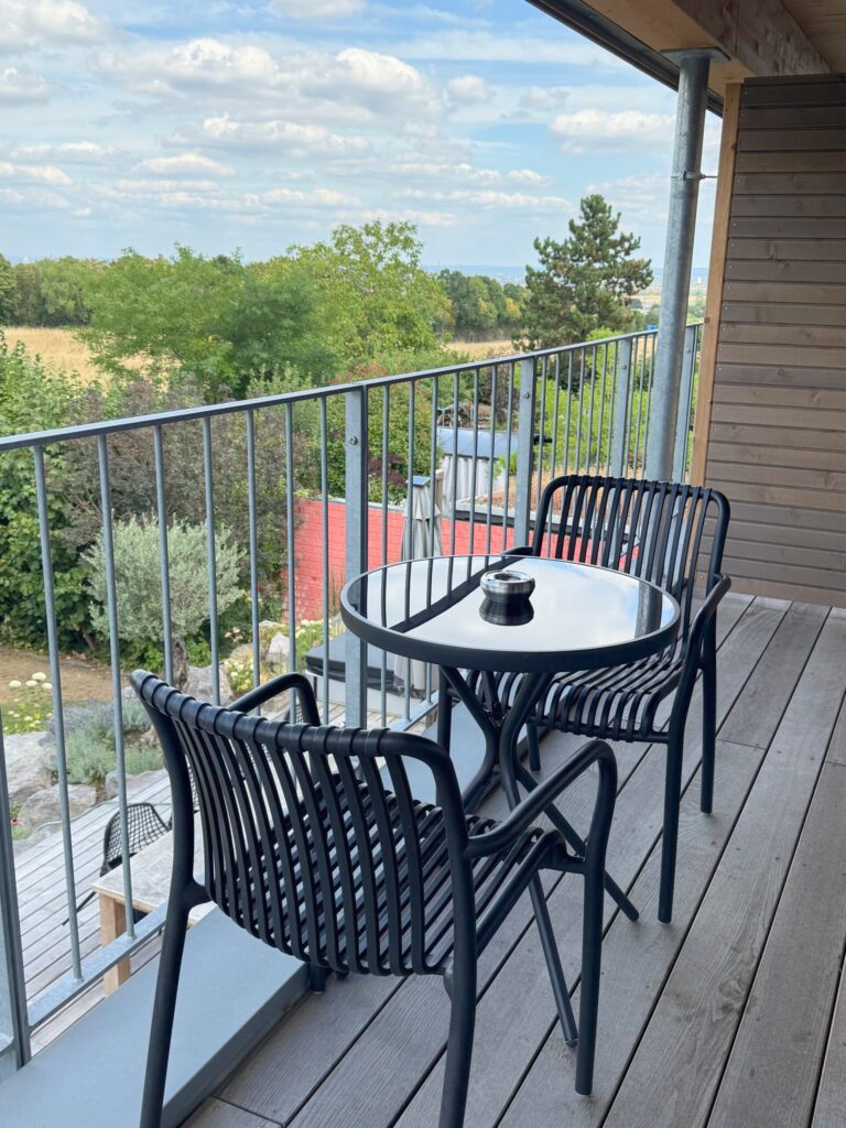 Balkon des Appartements S mit Sitzgruppe und Blick über die Baumkronen