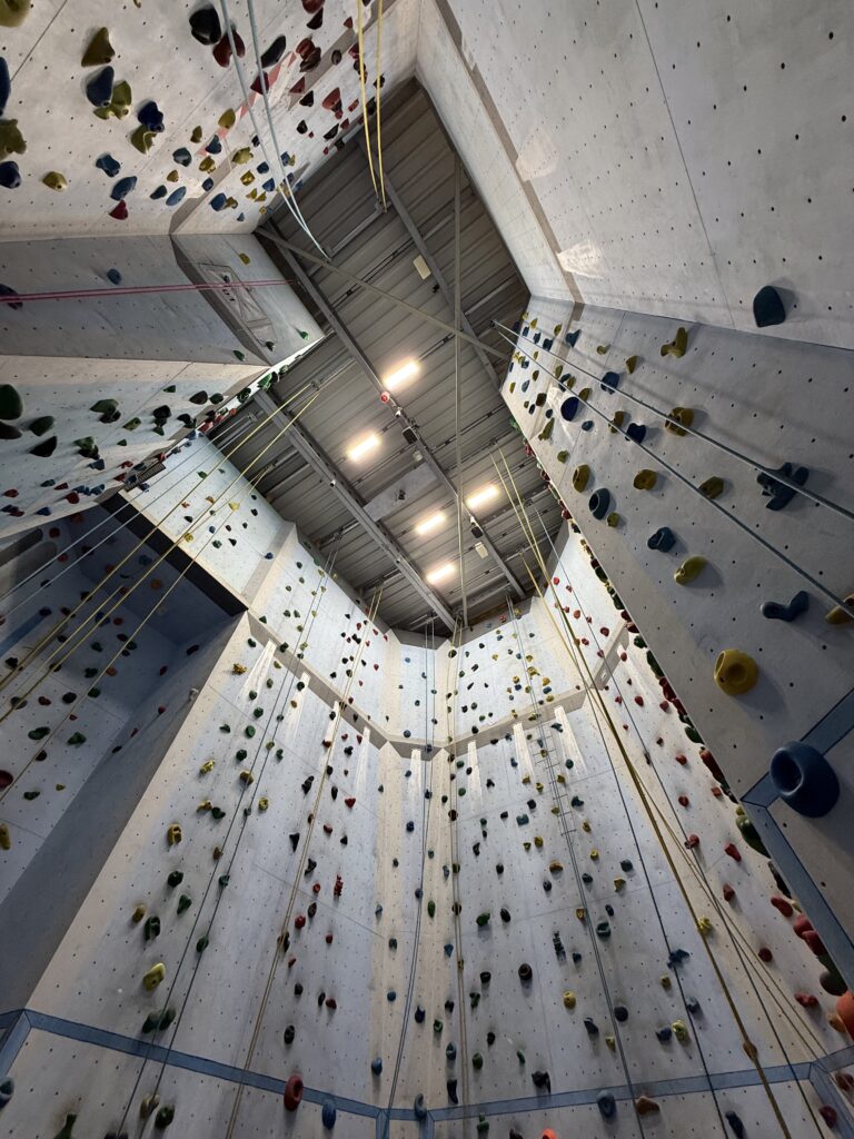 Blick nach oben an den Kletterwänden der BRONX ROCK Kletterhalle in Wesseling